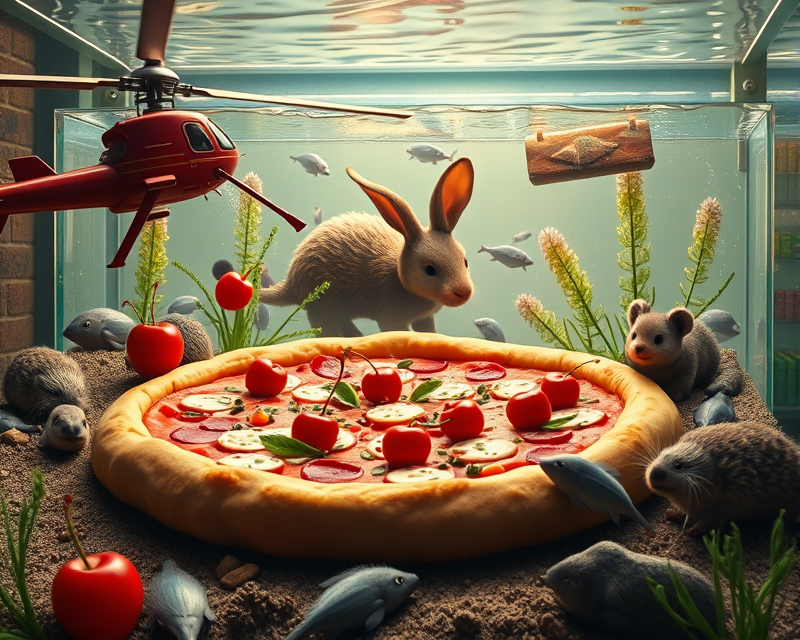 helicopter, pizza, fish tank, cherry, rabbit, armadillo, mickey mouse, ostrich, otter